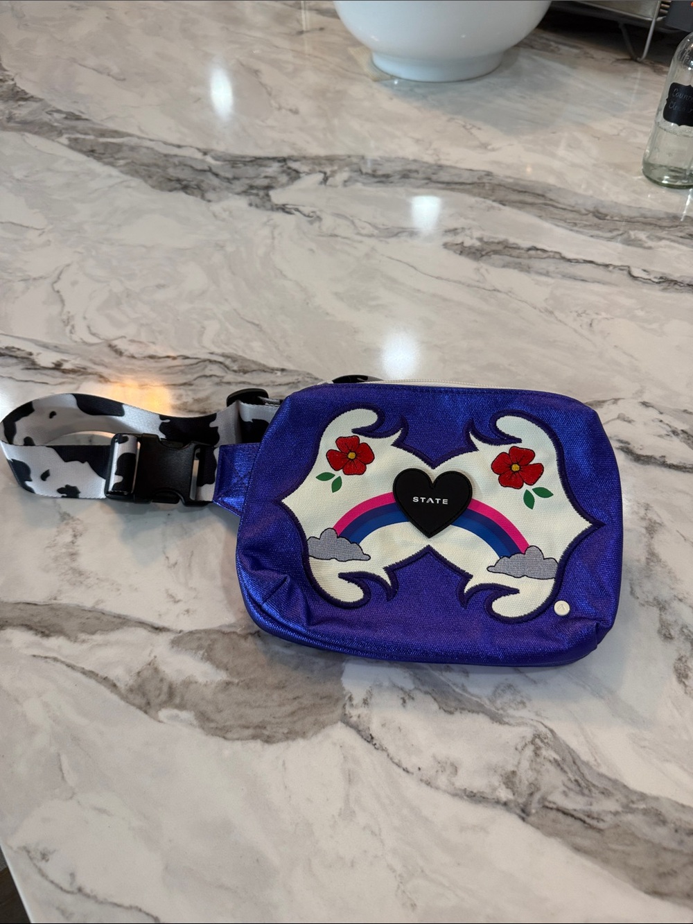 STATE Kids Shimmer Purple Rainbow Heart Belt Bag with Cow-Print Strap